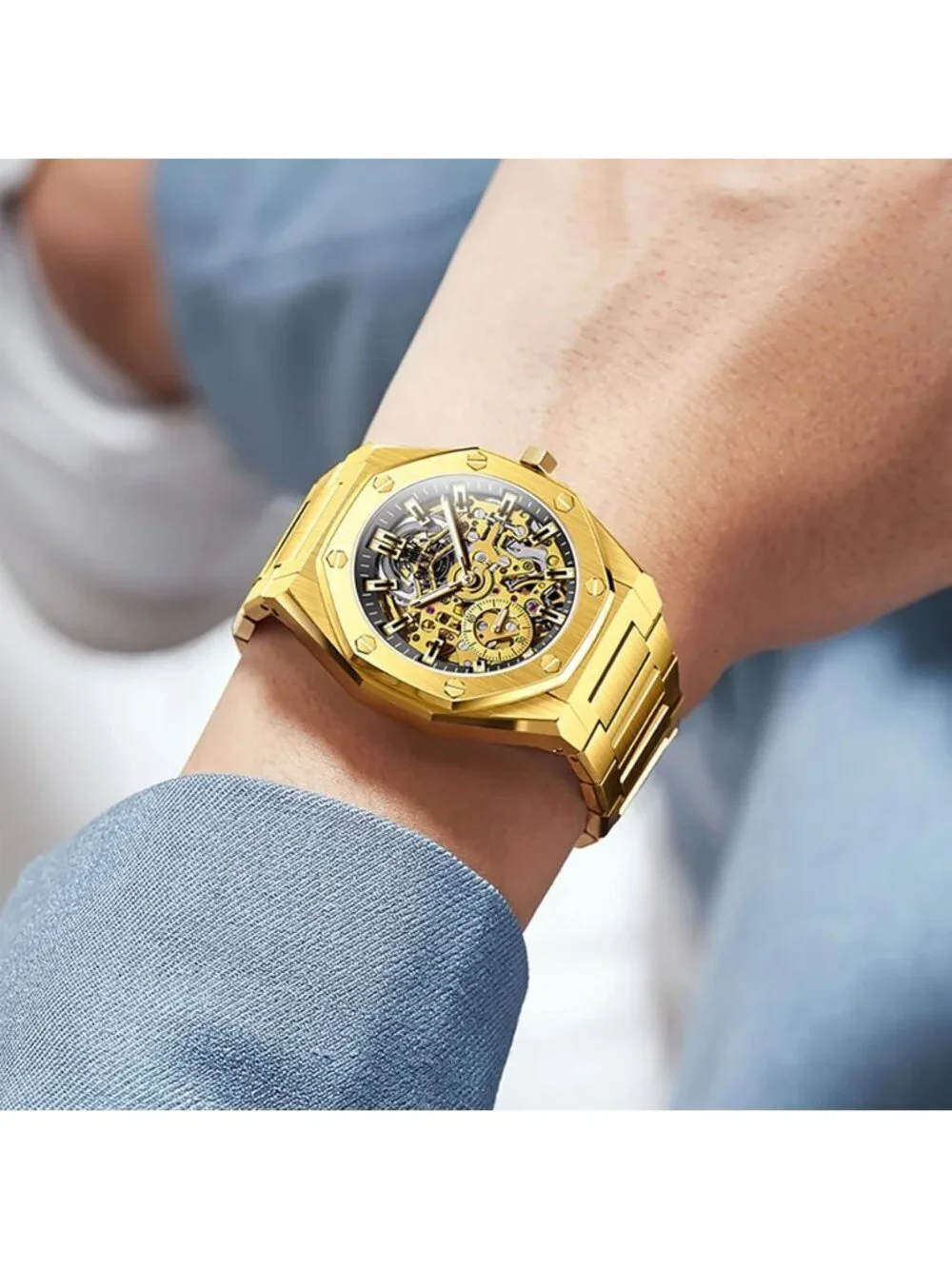 Mens Gold Geometric Quartz Stainless Waterproof Luminous Luxury Wooden Watch